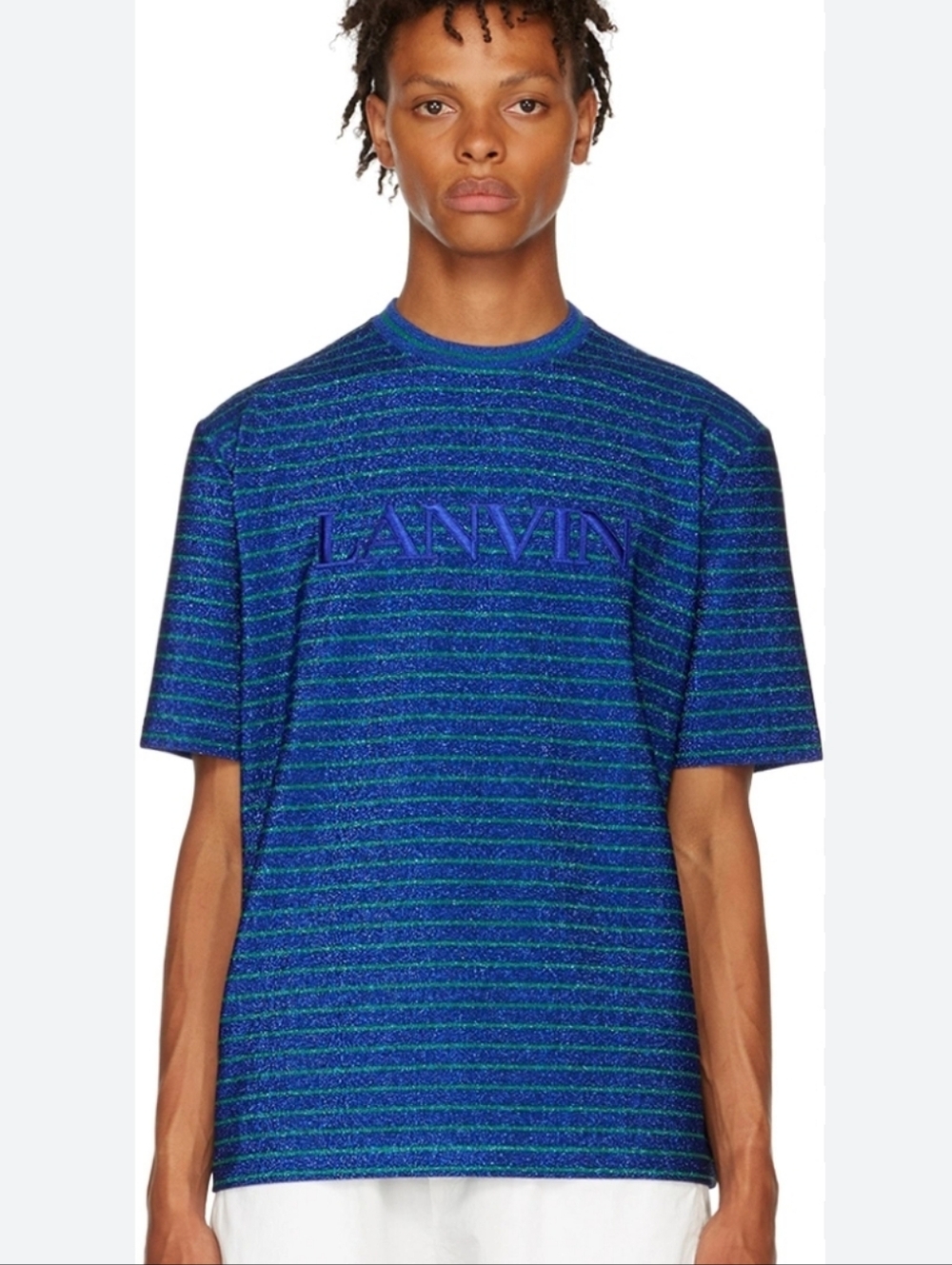 Lanvin Blue Green Viscose T Shirt Tee Short Sleeve Stripes Glitter NWT Men's L